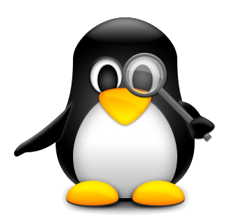 Tuxsucht.de Logo - Tux mit Lupe